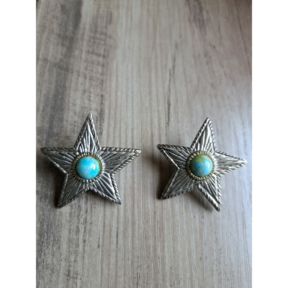 Vintage Star Clip On Earrings Silver Tone Turquoise Cabochon Southwestern Boho